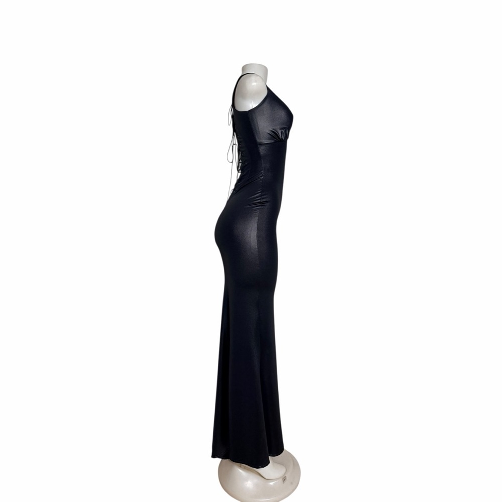 VTG 90s Trashy Black Wet-Look Maxi Dress | Lace-Up Back | Bodycon | Size S - Picture 3 of 11